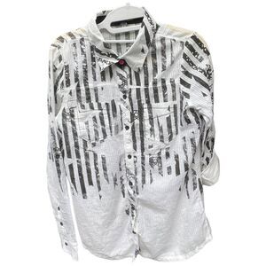 y2k Fox racing white black stripes stars lightweight summer button down size m